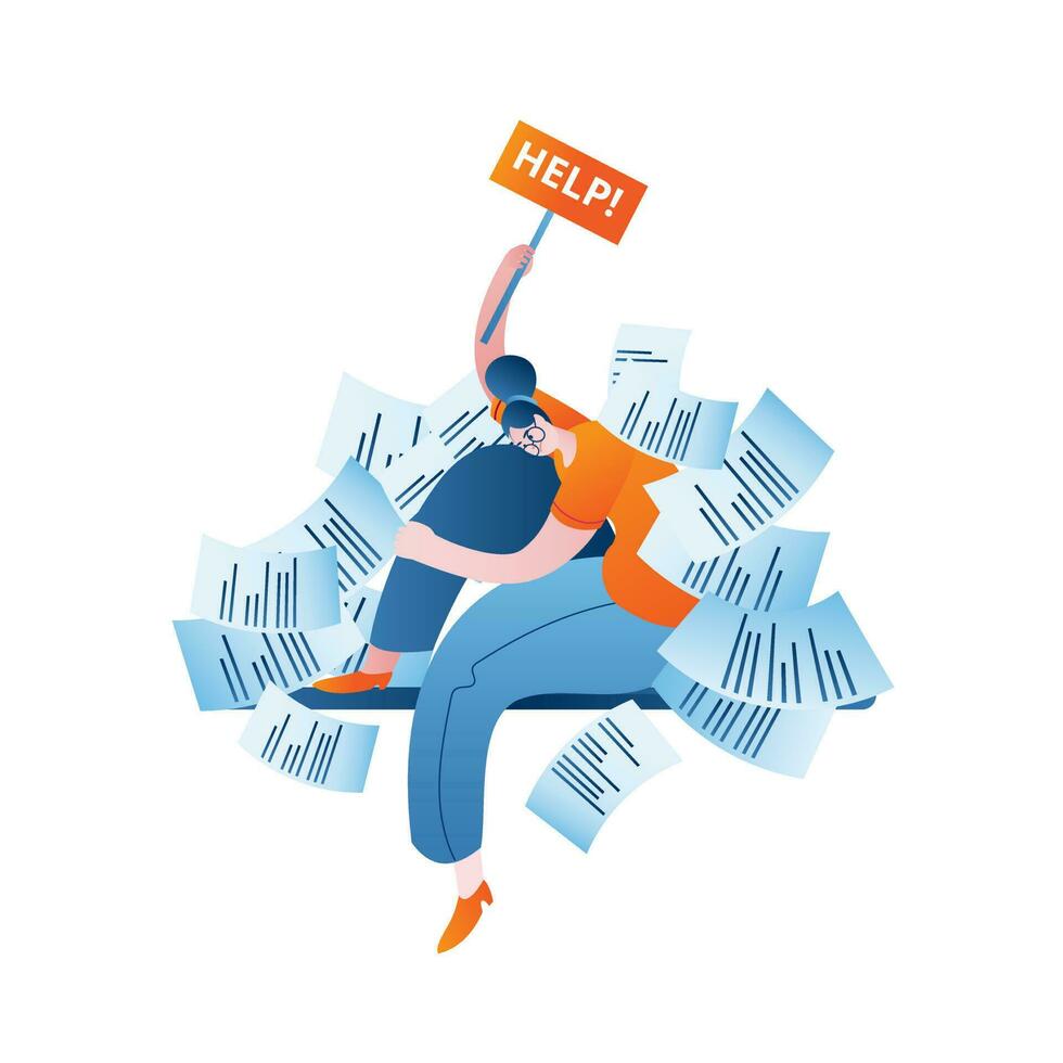 A tired woman, overwhelmed with work, holds a sign with the inscription. vector