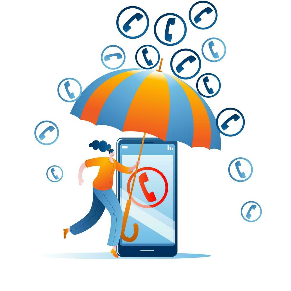 The girl with the umbrella protects the mail server on the smartphone from spam. vector