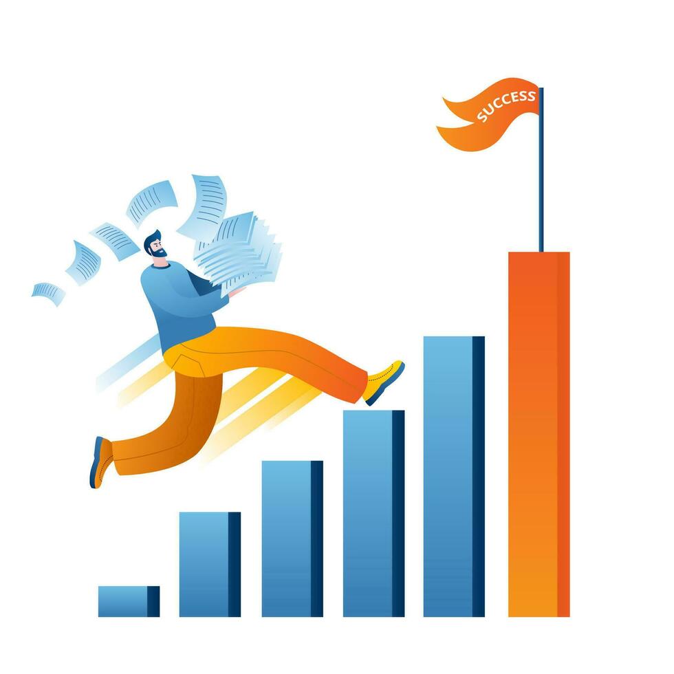 A man with office papers runs up the career ladder to success. vector