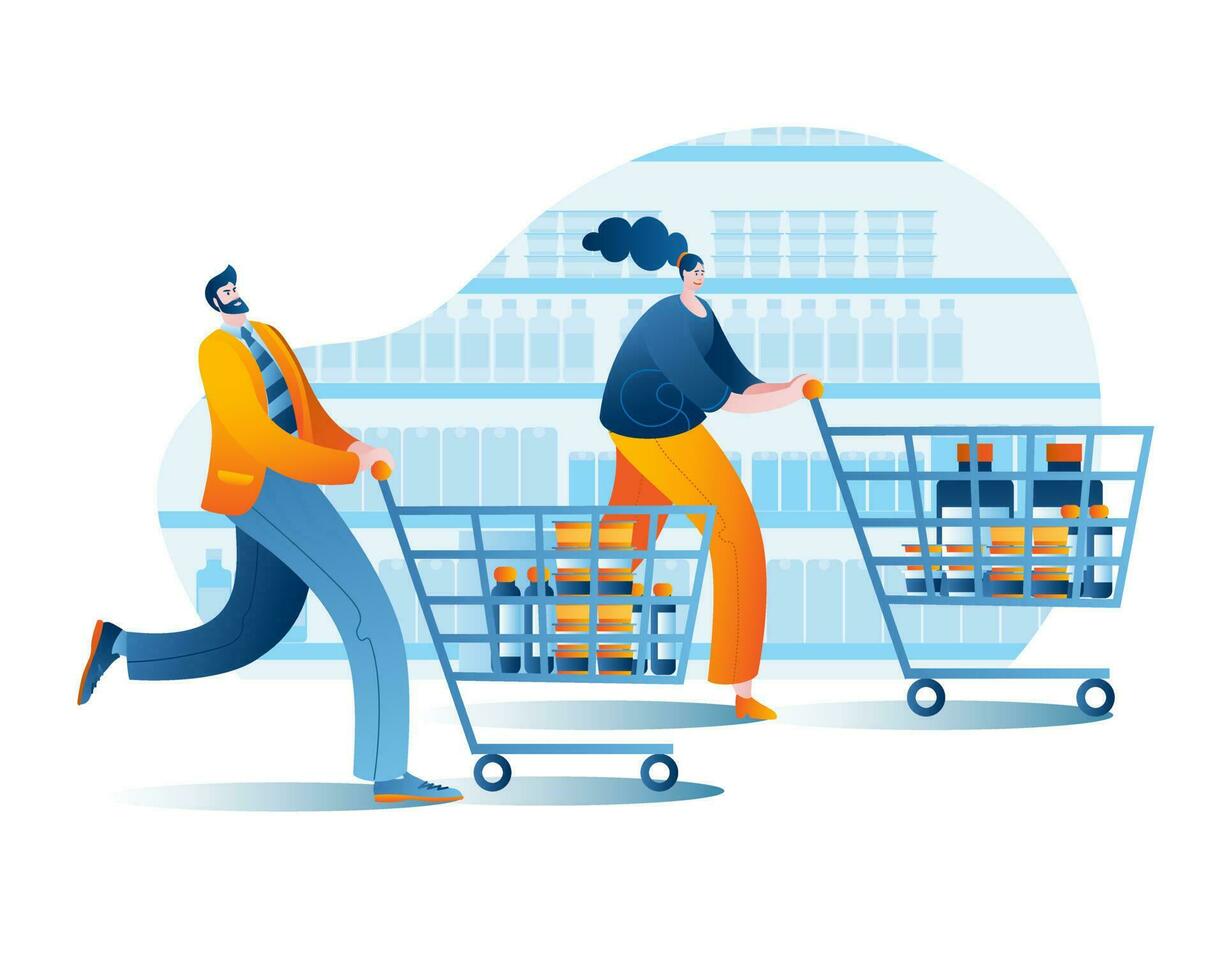 Characters with carts are shopping in the supermarket. vector