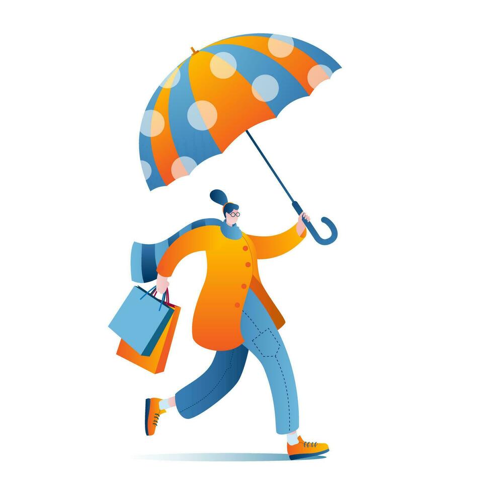 A girl with umbrellas and shopping bags is coming. vector