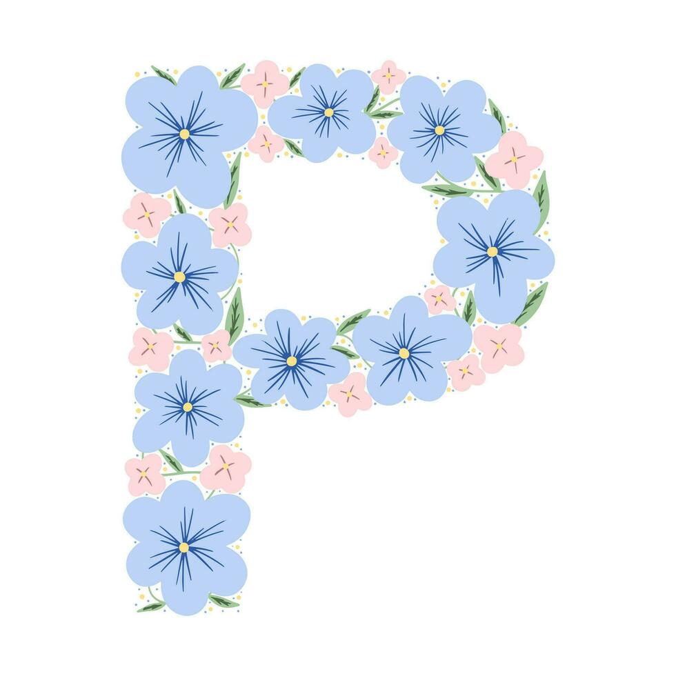 Floral botanical alphabet. Vintage hand drawn monogram letter P. Letter with plants and flowers. Vector lettering isolated on white
