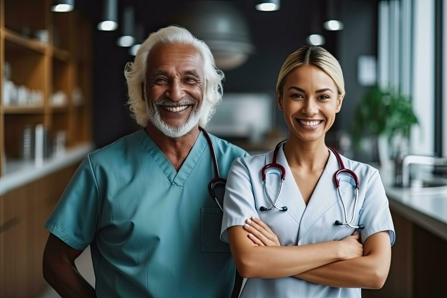 Support, caregiver with senior woman and holding hands for care indoors. Retirement, consulting and professional female nurse with elderly person smiling together for healthcare at home,Generative AI. photo