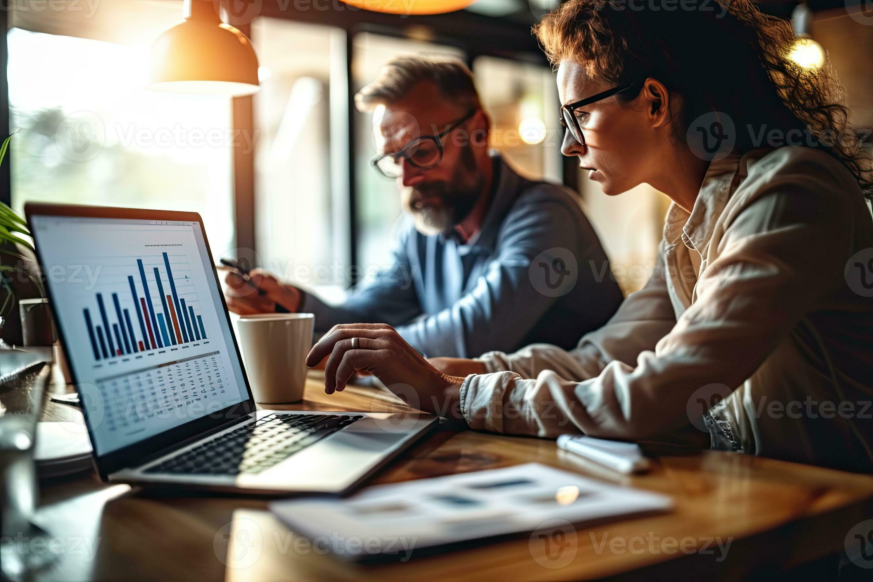 Man and woman using laptop Traders analyzing documents with trading
