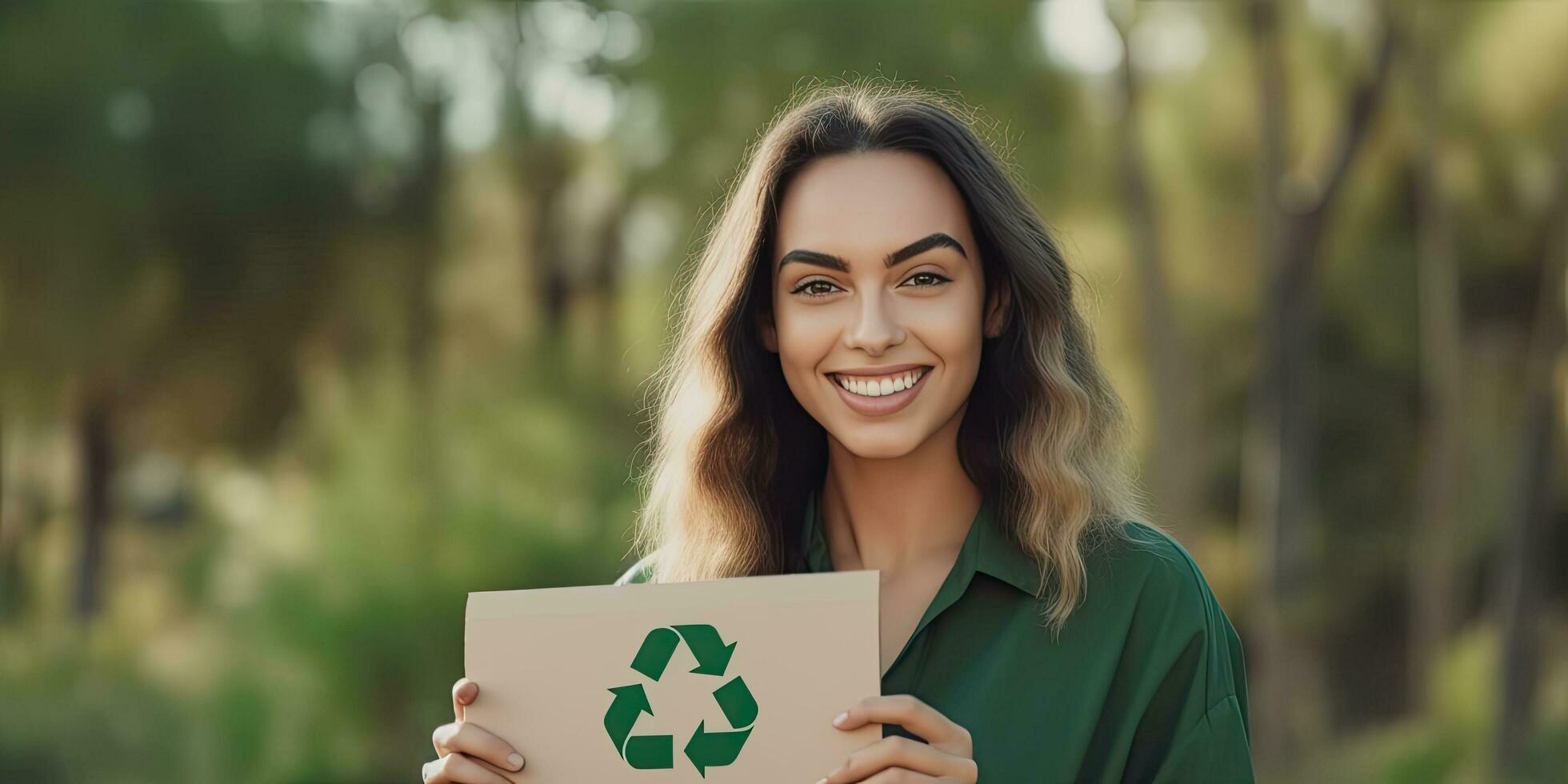 Happy woman holding paper with green recycling sign over natural background ,Generative AI photo