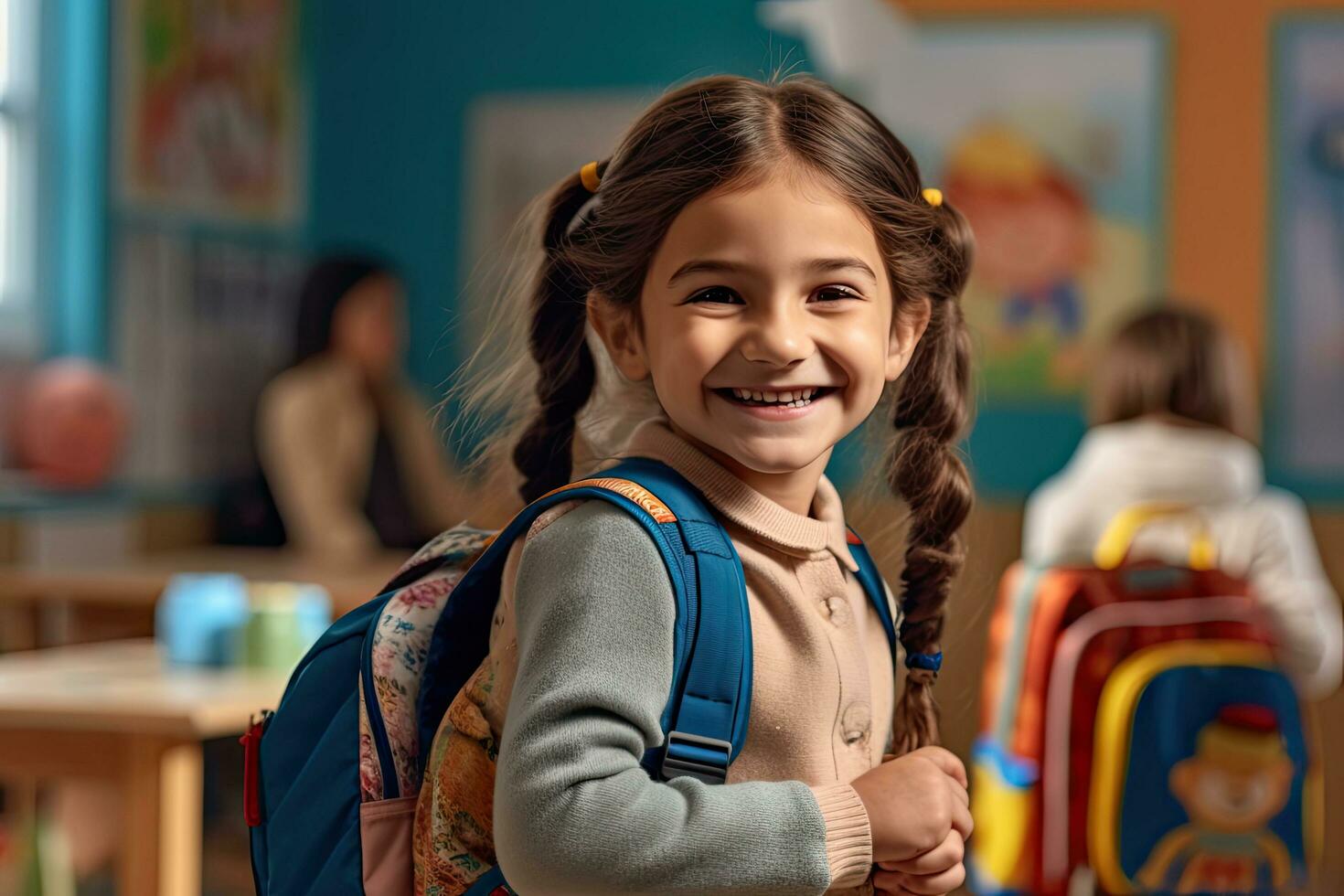 Happy Little  with backpack in classroom ,Generative AI photo