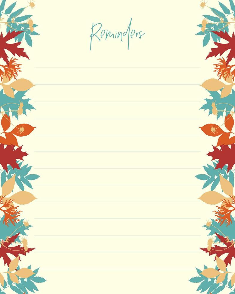Reminder template with autumn coloring leaves, for to-do list for planner notes. vector