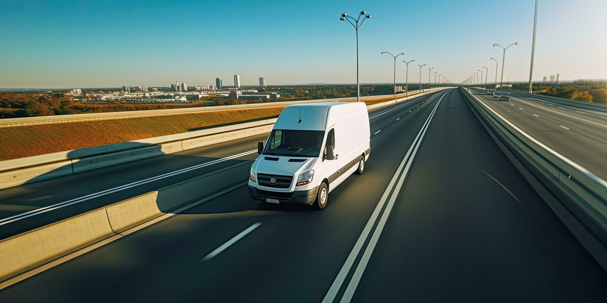 Cargo van moving fast on the road to city suburb. Busines logistics express service. Generative AI . photo