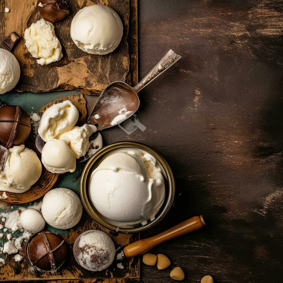 Ice cream , multi color, world, nuts, marshmallows, chocolate, rustic style background, copy space,Generative AI. photo