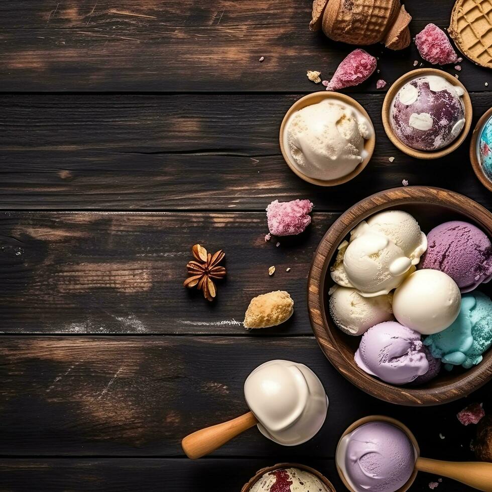 Ice cream , multi color, world, nuts, marshmallows, chocolate, rustic style background, copy space,Generative AI. photo