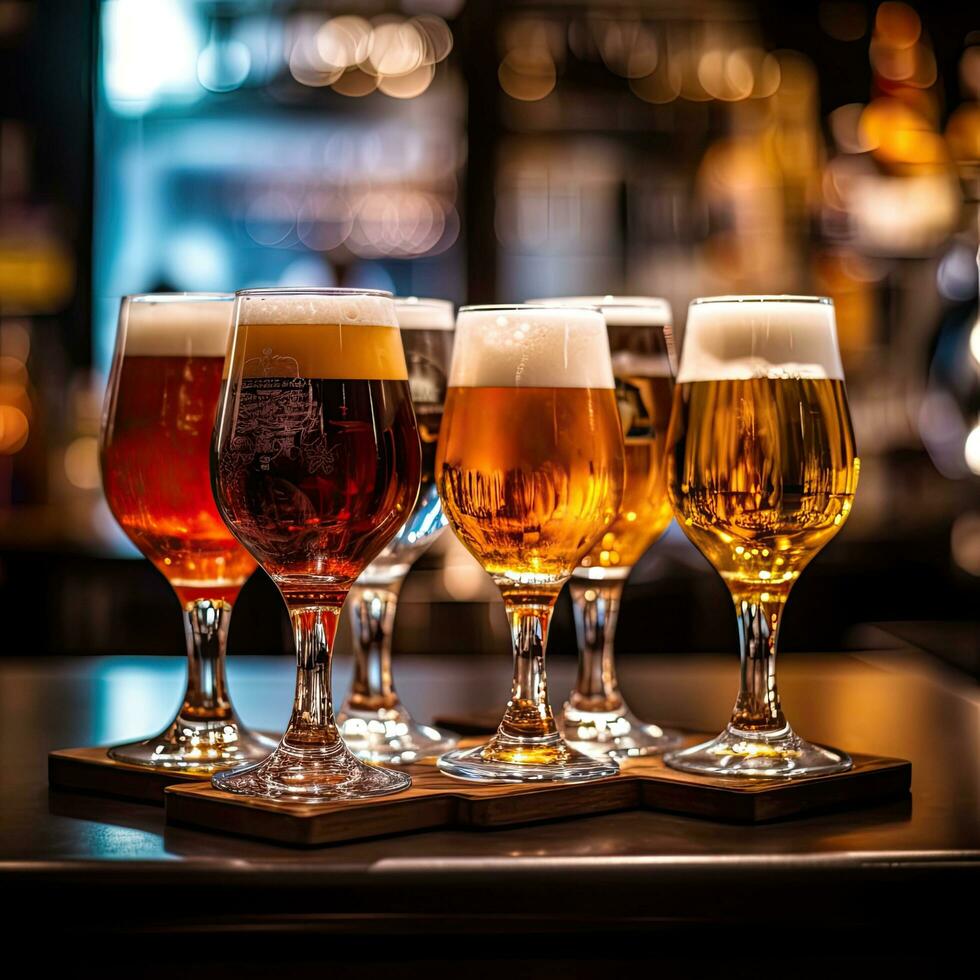 Flight of beer for tasting on a bar counter with a blurred background. photo