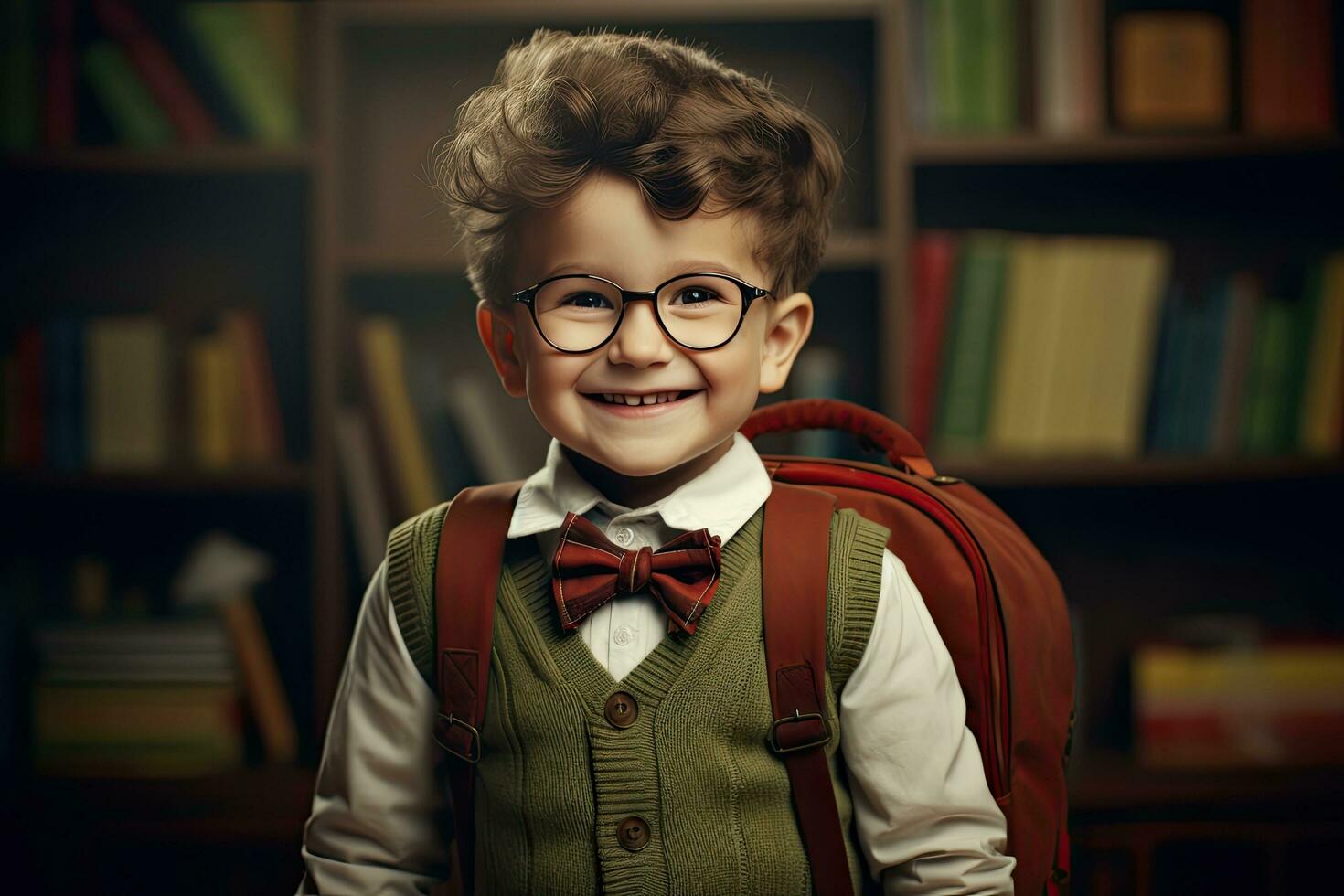 Happy Little  with backpack in classroom ,Generative AI photo