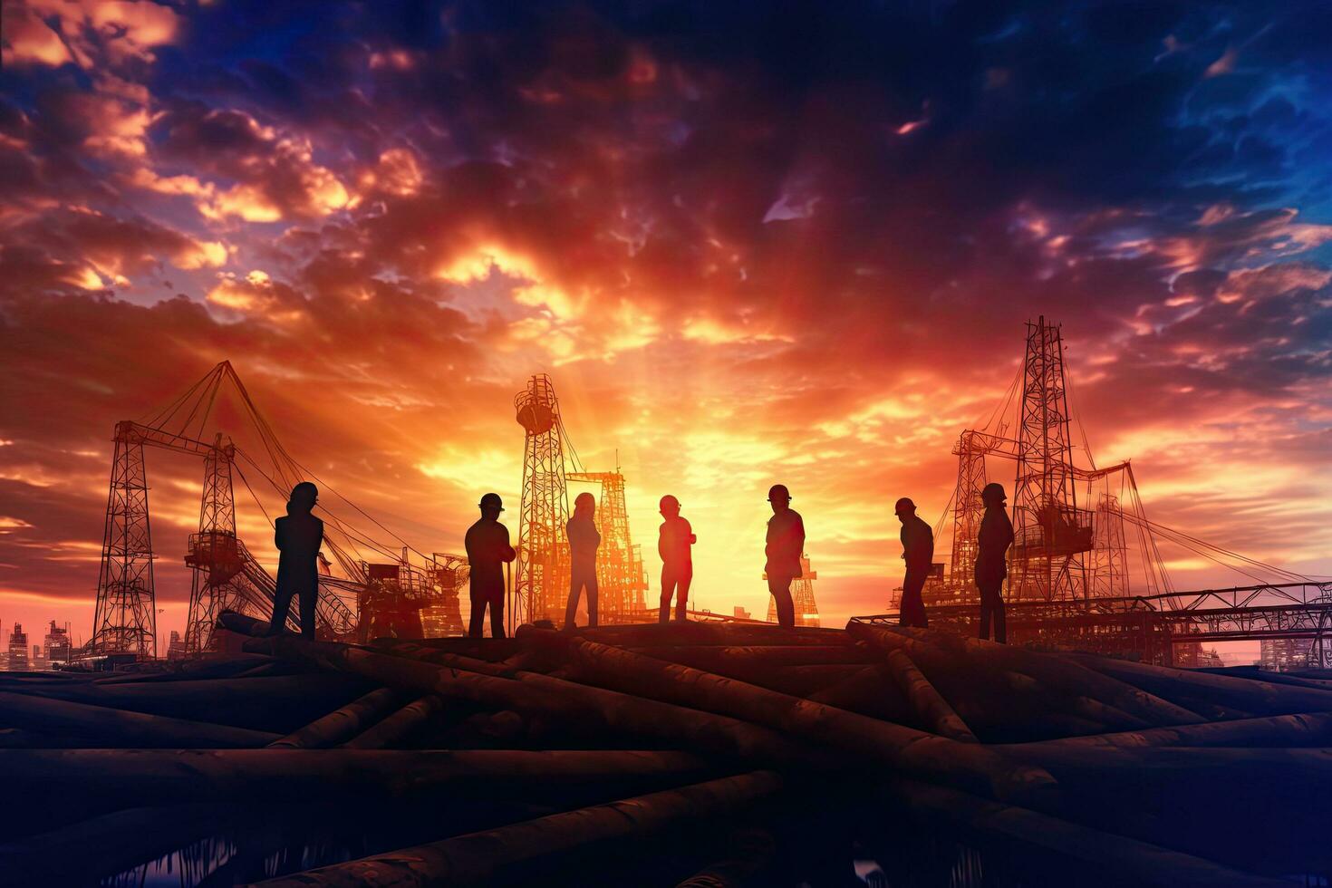 Silhouette of engineer and worker construction team working at site over sunset. Generative AI . photo