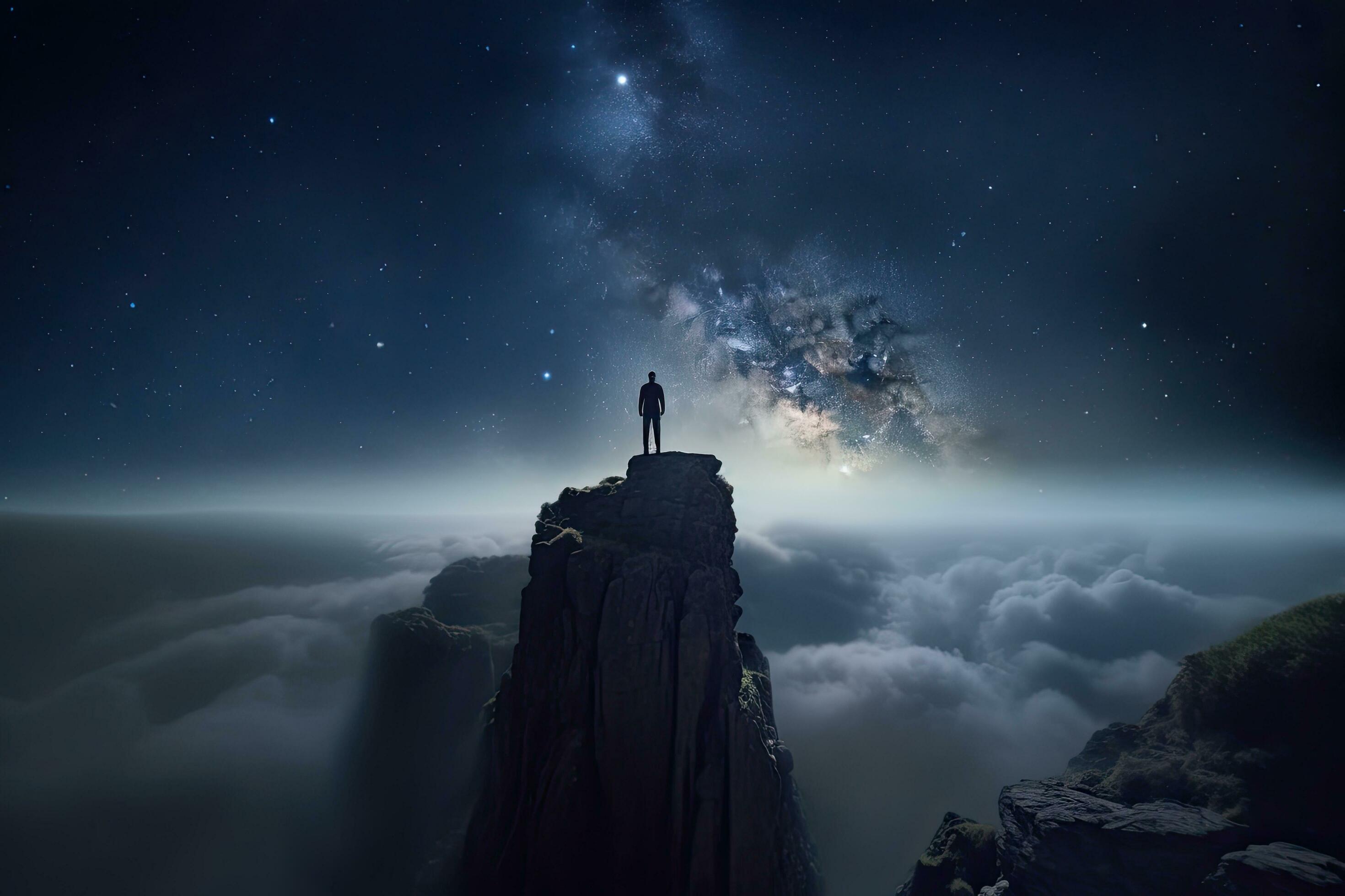 Man standing on top of cliff at night sky ,Generative AI 28534460 Stock