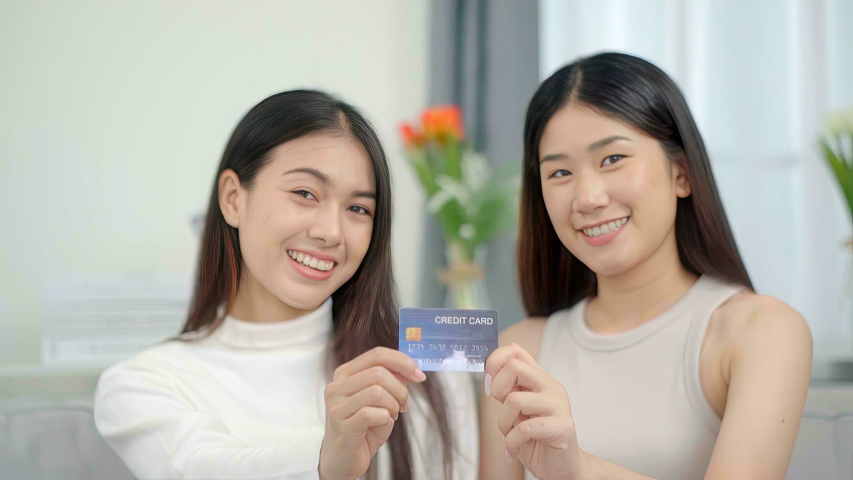 Two asian smiling women in showing credit card. Online success buy sale. photo