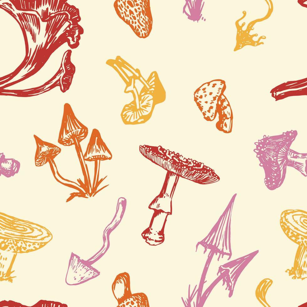 Poisonous mushrooms seamless pattern. Ornament of autumn forest. Vector illustration in retro style. Abstract design for halloween decor, wallpaper, background.