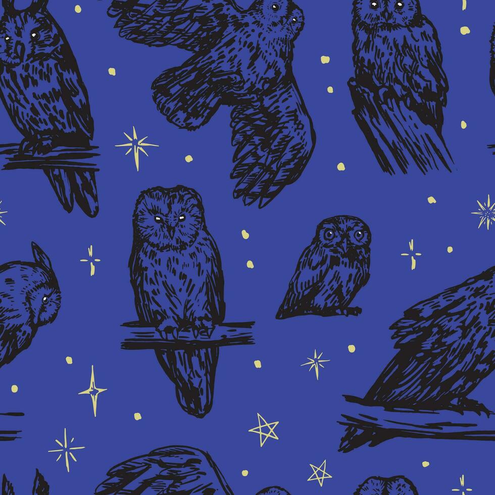 Owls birds seamless pattern. Ornament of realistic sketches of wild animals. Vector illustration in retro engraving style.