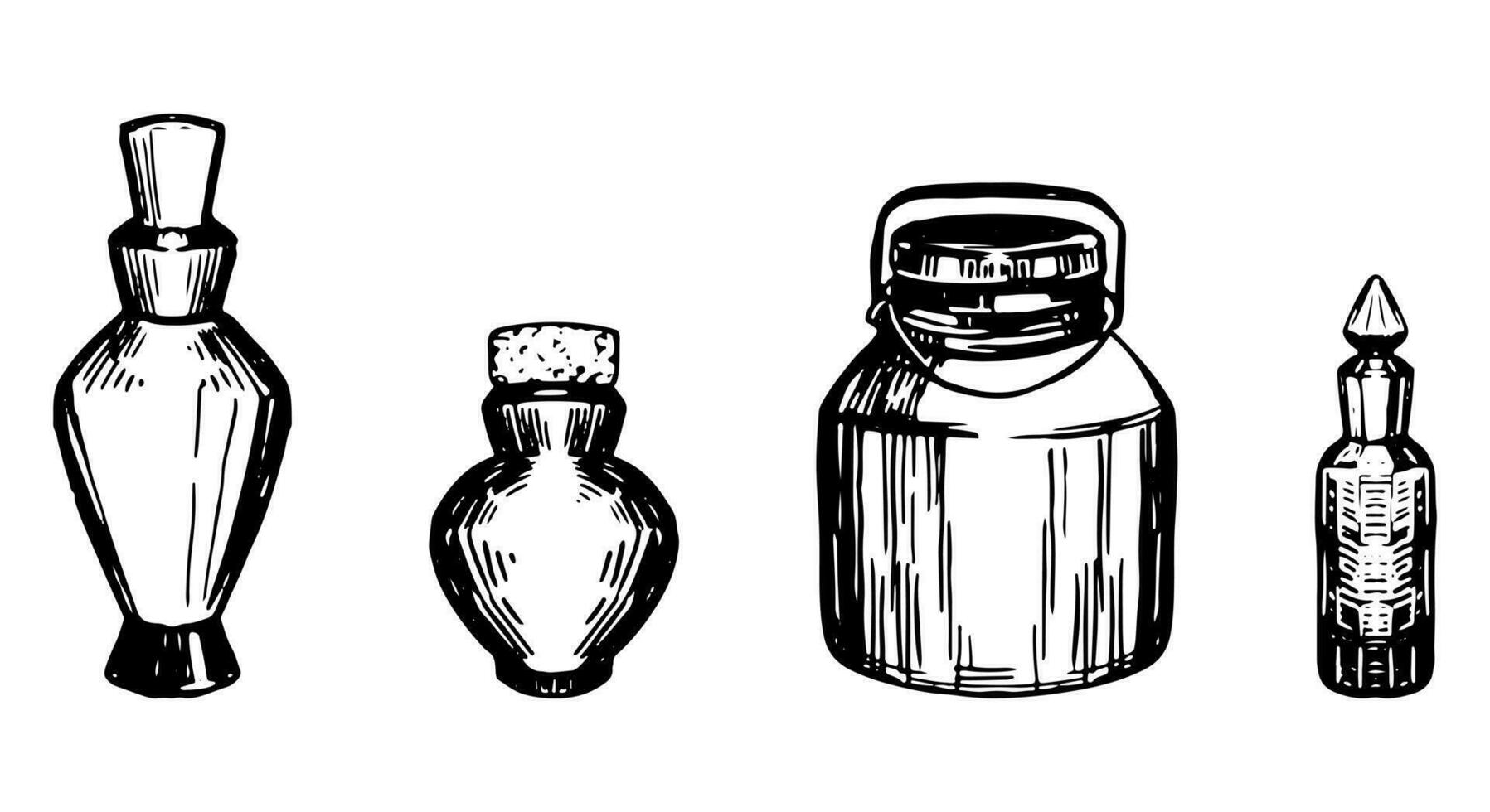 Set of vintage jars and containers. Empty bottles ink sketches vector collection. Hand drawn cliparts isolated on white.