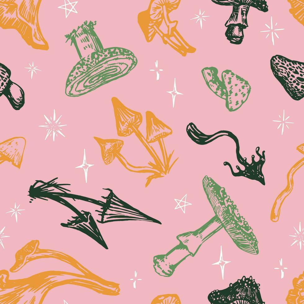 Poisonous mushrooms seamless pattern. Ornament of autumn forest. Vector illustration in retro style. Abstract design for halloween decor, wallpaper, background.