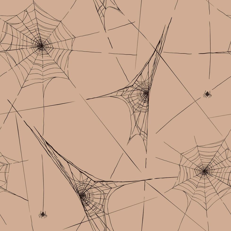 Halloween spiderweb seamless pattern. Ornament of cobweb, spiders. Vector illustration in retro sketch style. Abstract design for spooky, scary, horror decor.