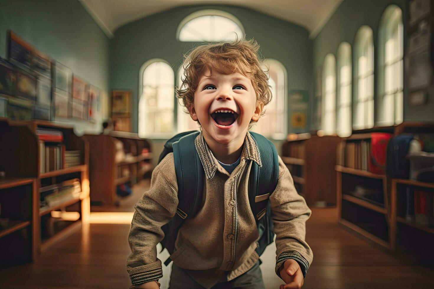 contento pequeño con mochila en salón de clases ,generativo ai foto