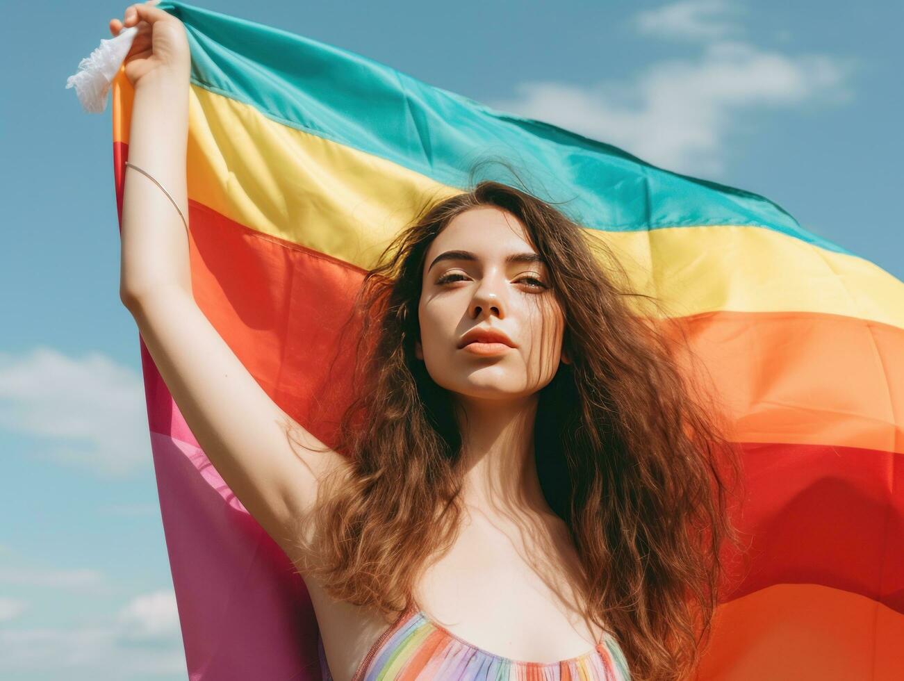 hermosa lesbiana modelo y un arco iris bandera a gay orgullo, lgbtq colores bandera. amar, libertad, apoyo ,bandera fuerte orgullo mes, creado con generativo ai foto