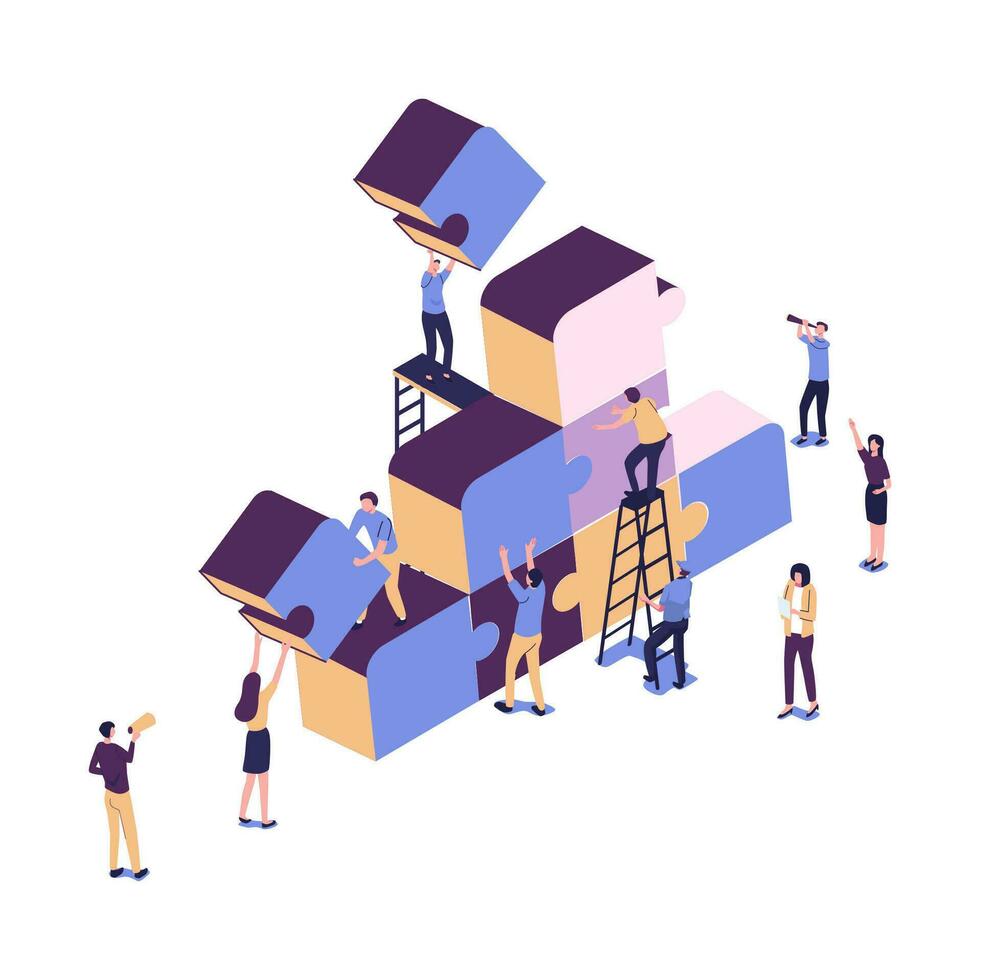 Business concept. Team metaphor. people connecting puzzle elements. Vector illustration flat design style. Symbol of teamwork, cooperation, partnership vector