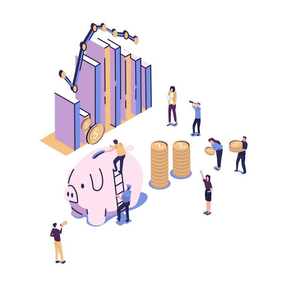 a large piggy bank in the form of a piglet on a white background, financial services, small bankers are engaged in work, saving or accumulating money, a coin box with falling vector