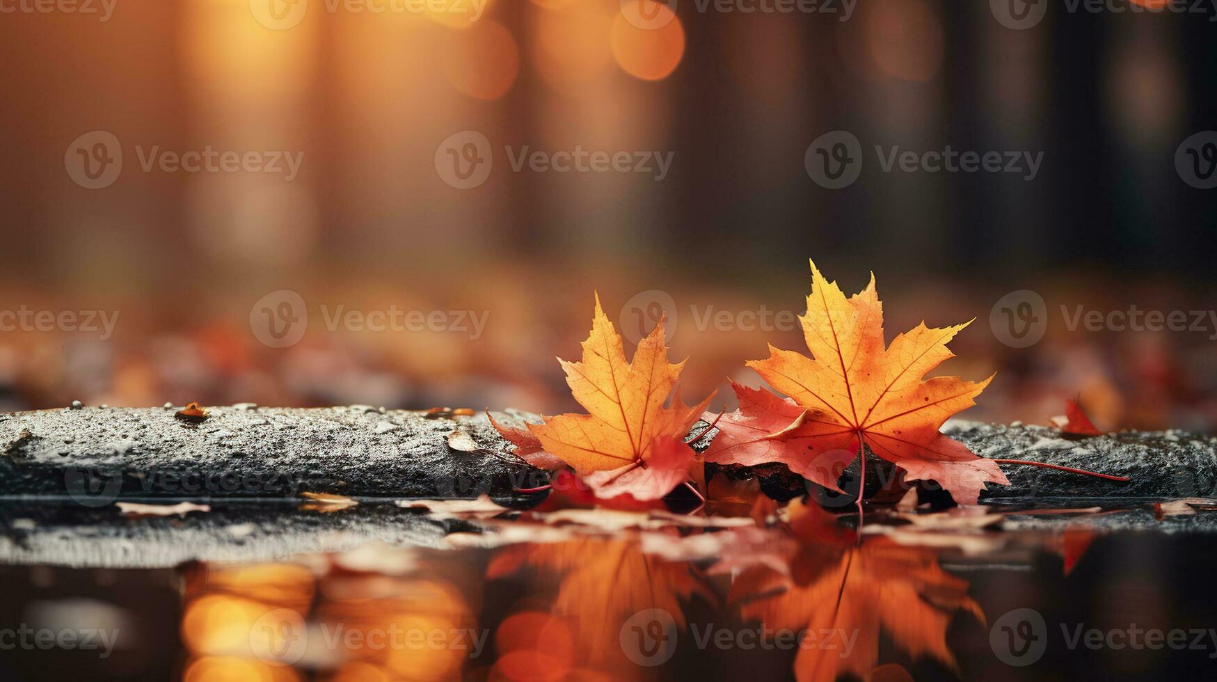 Web banner design for autumn season and end year activity with red and yellow maple leaves with soft focus light. Generative AI photo