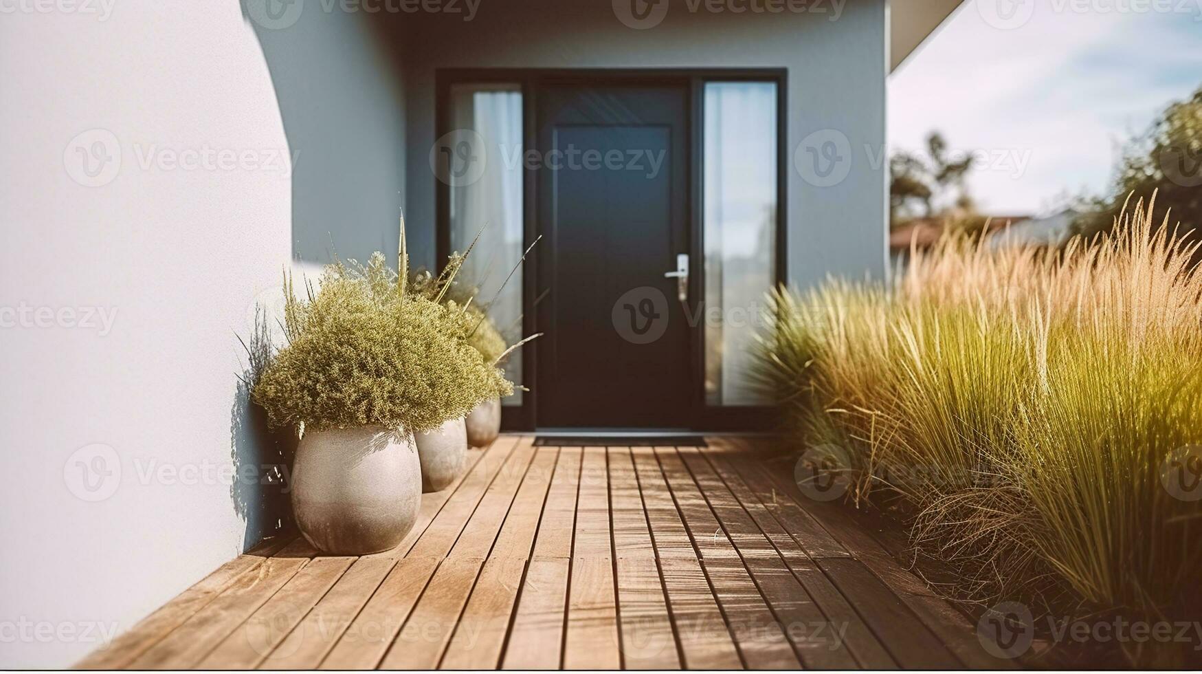 Suburban Home Entrance with Potted Grass and Wooden Path. Generative AI photo