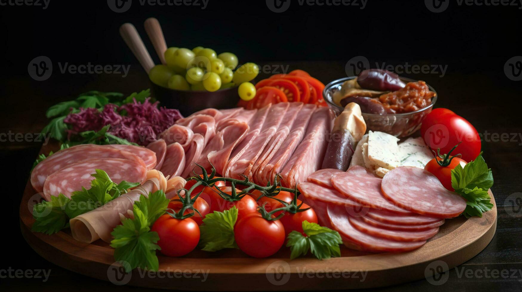 Variety of Salami, Sliced Ham, Sausage, Fresh Tomatoes, Crisp Salad, and Garden-Fresh Vegetables on a Platter. Generative AI photo