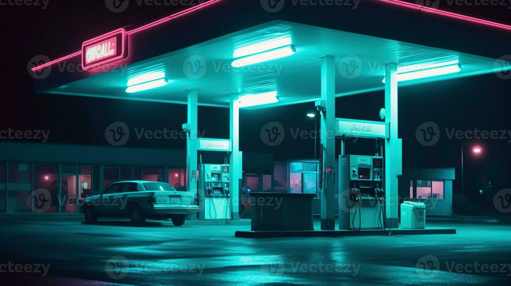 Liminal 70s style gas station in night with neon lit. Generative AI photo