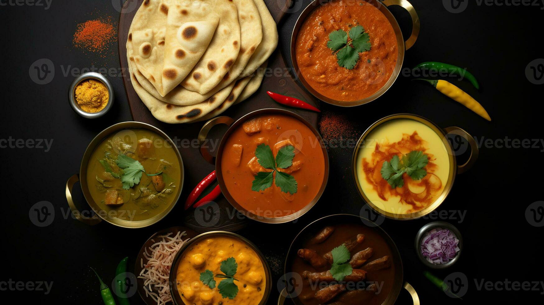 Vibrant Indian Curries and Naan Arranged on a Black Background. Generative AI photo