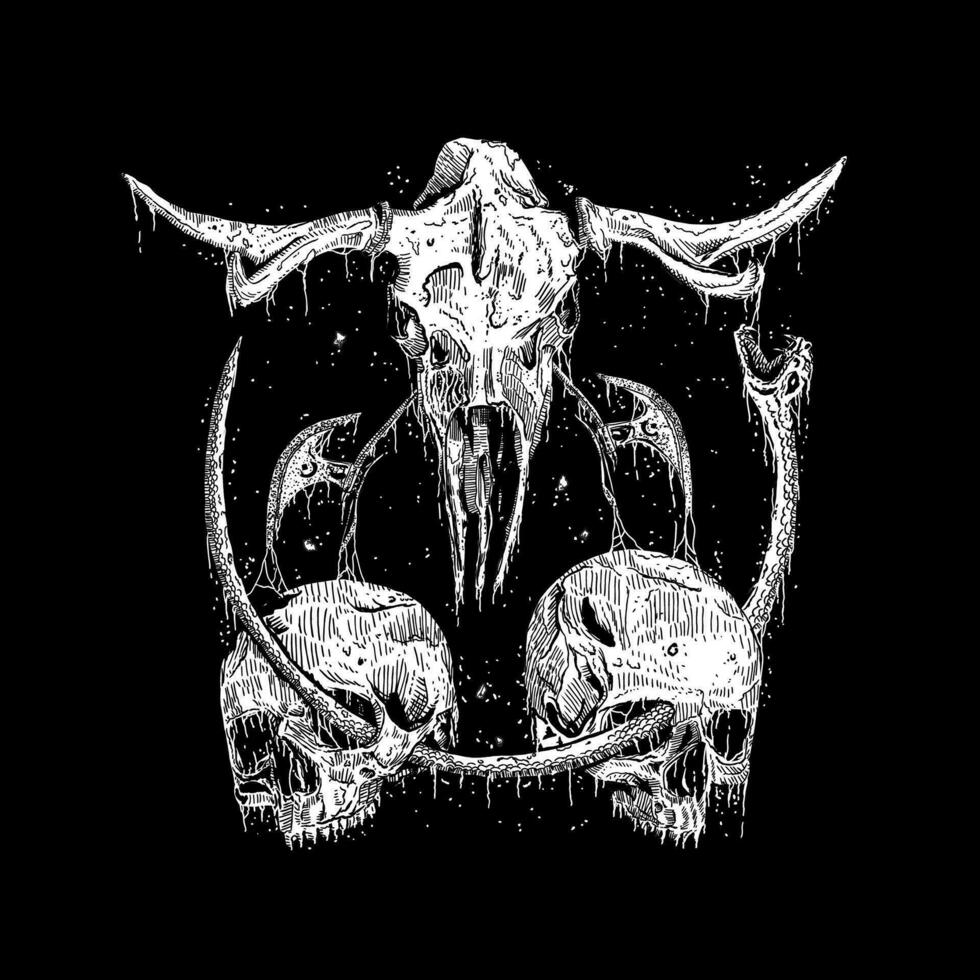 goat skull snake death metal illustration, hand drawn horror art, ink dark art vector