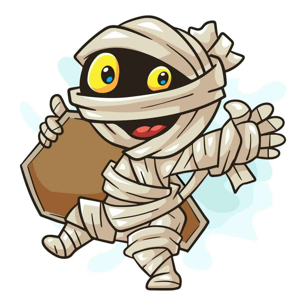 cartoon mummy walking carrying a coffin vector