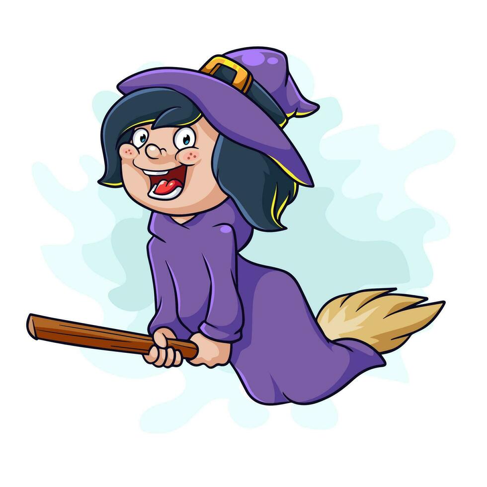 cartoon little witch flying on a broomstick vector
