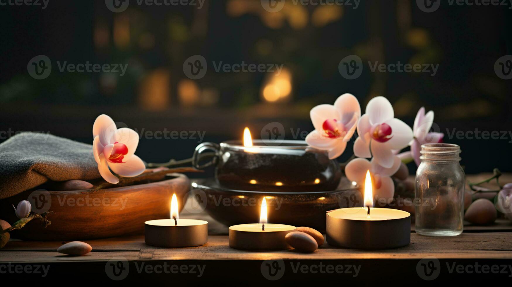 Zen Spa Retreat with Candles and Floral Harmony. Generative AI photo