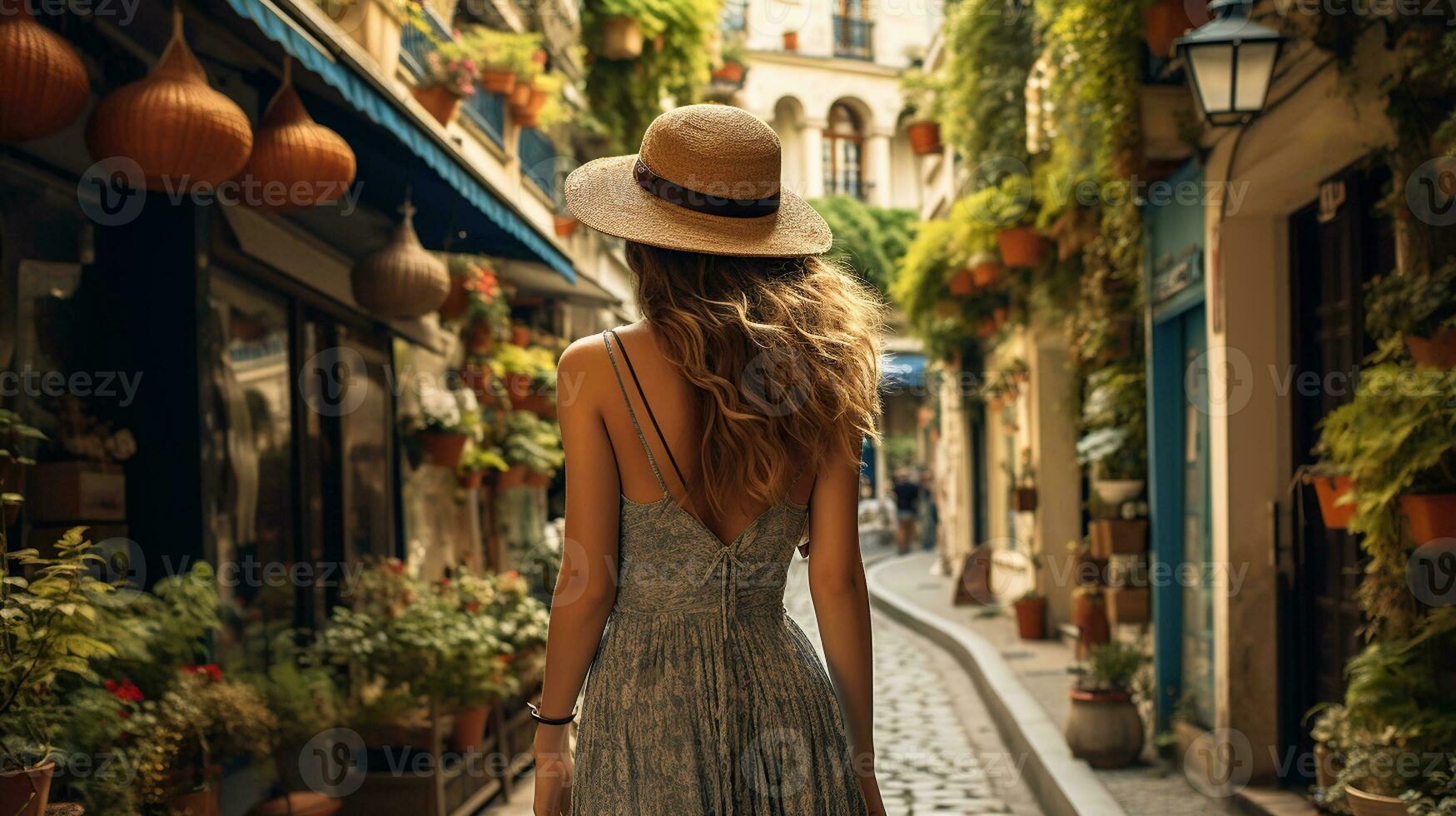 Back view, fashion model at vacation in small charming streets. Generative AI photo