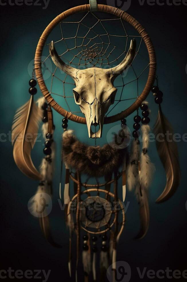 Dreamcatcher with animated bull horns in the middle with crystals and feathers hanging from it. Generative AI photo
