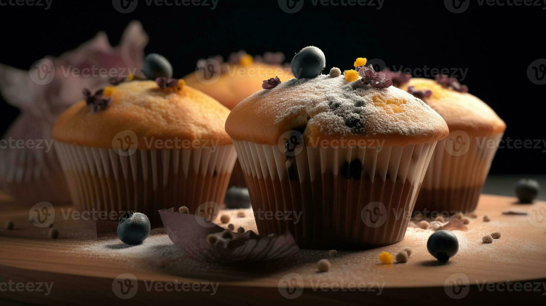 Lineup of Delectable, Irresistible Muffins, Overflowing with Temptation and Flavor. Generative AI photo