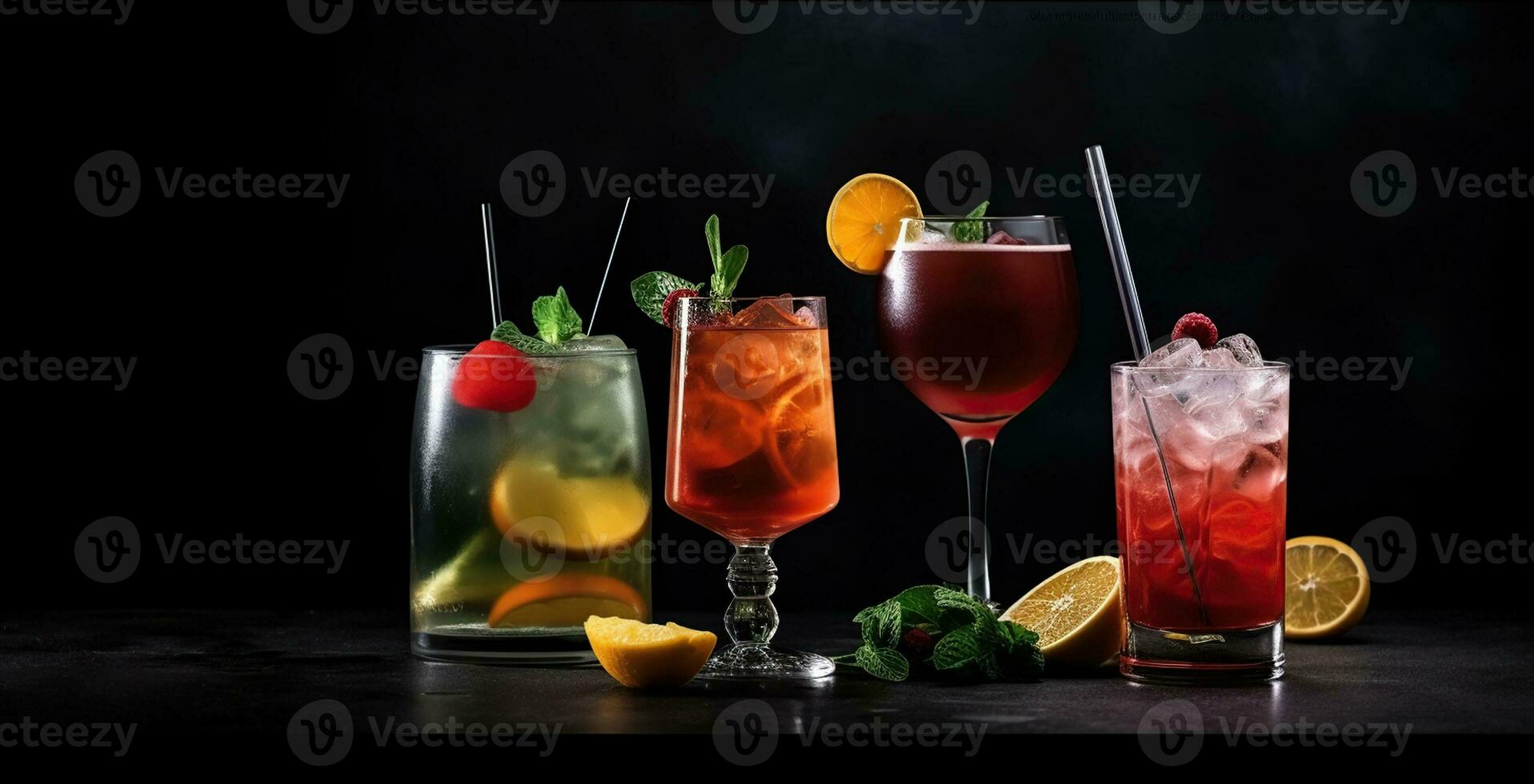 An Assortment of Timeless Cocktails Served on a Dramatic Dark Canvas. Generative AI photo