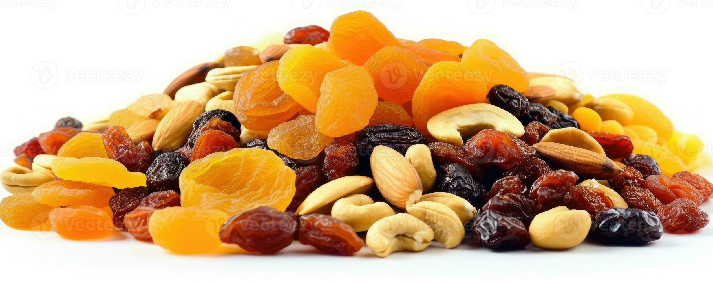 Footer of mix dry fruit on white background, AI Generated photo