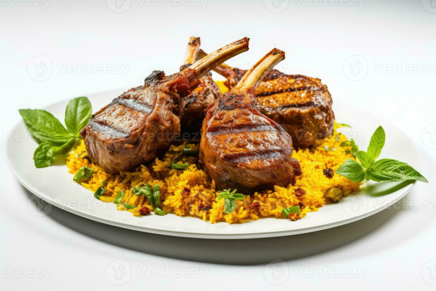 Lamb Shank Biryani Rice with lemon and mint on top Generative AI photo