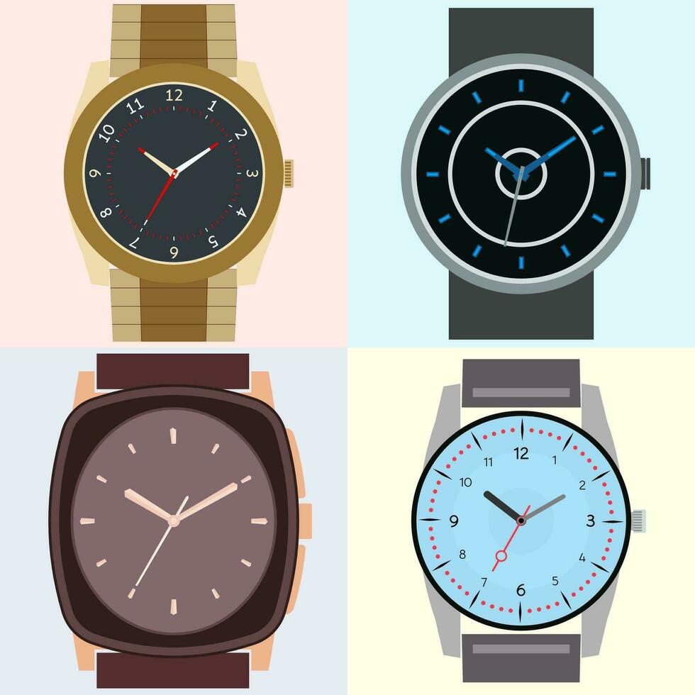 Set of four watches. Clock face with hour, minute and second hands. Vector illustration.