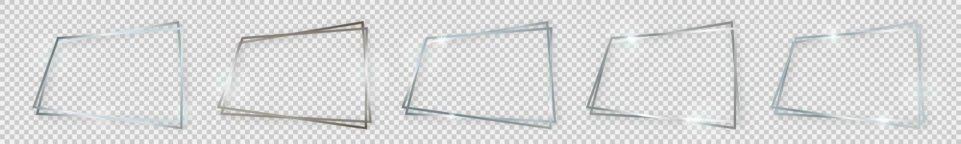 Set of five double silver shiny rectangular frames with glowing effects and shadows on background. Vector illustration