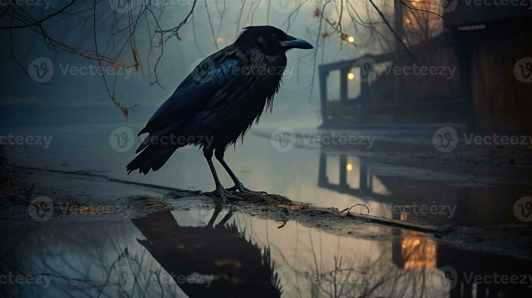 In the Hush of Night, a Crow Rests on a Foggy Bough. Generative AI