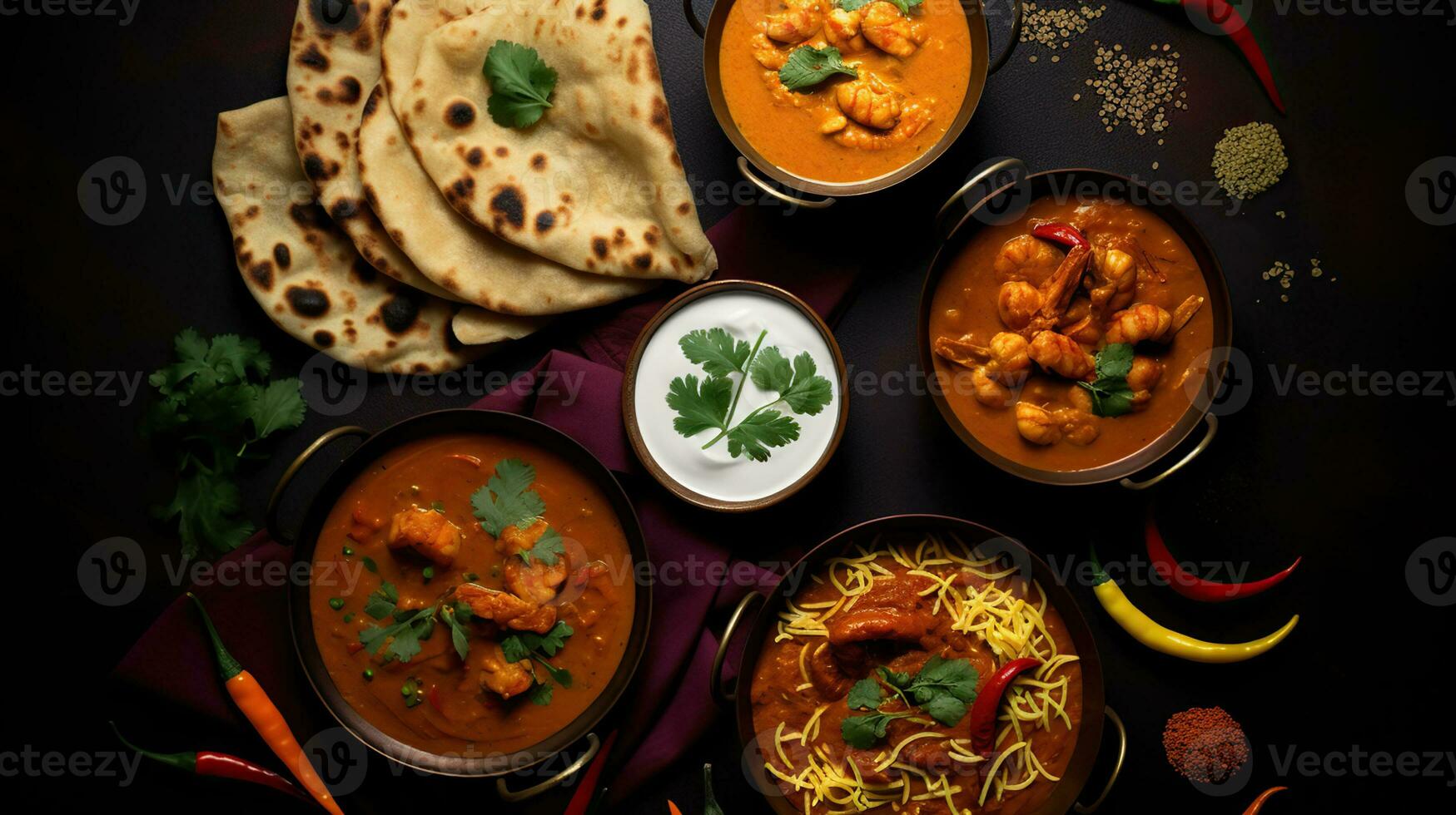 parte superior vista, diferente indio curry con naan, completamente negro antecedentes. generativo ai foto
