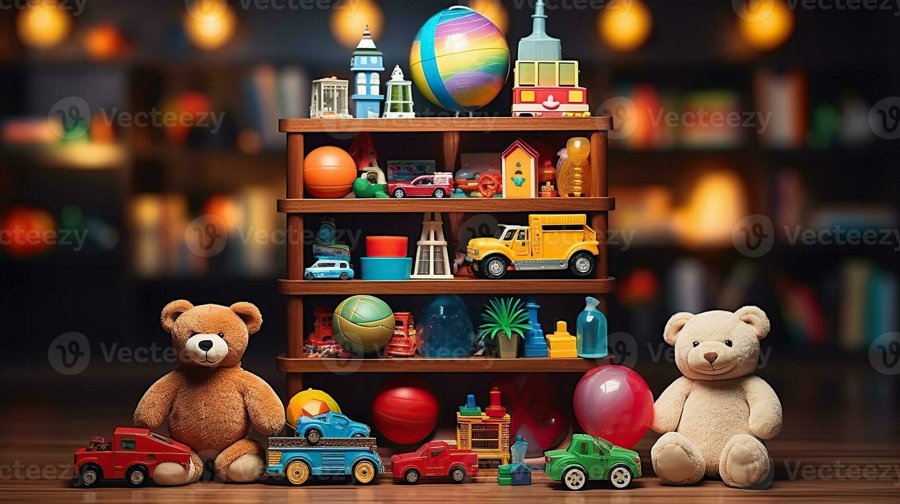 Many colorful toys collection on the desk. Generative AI photo