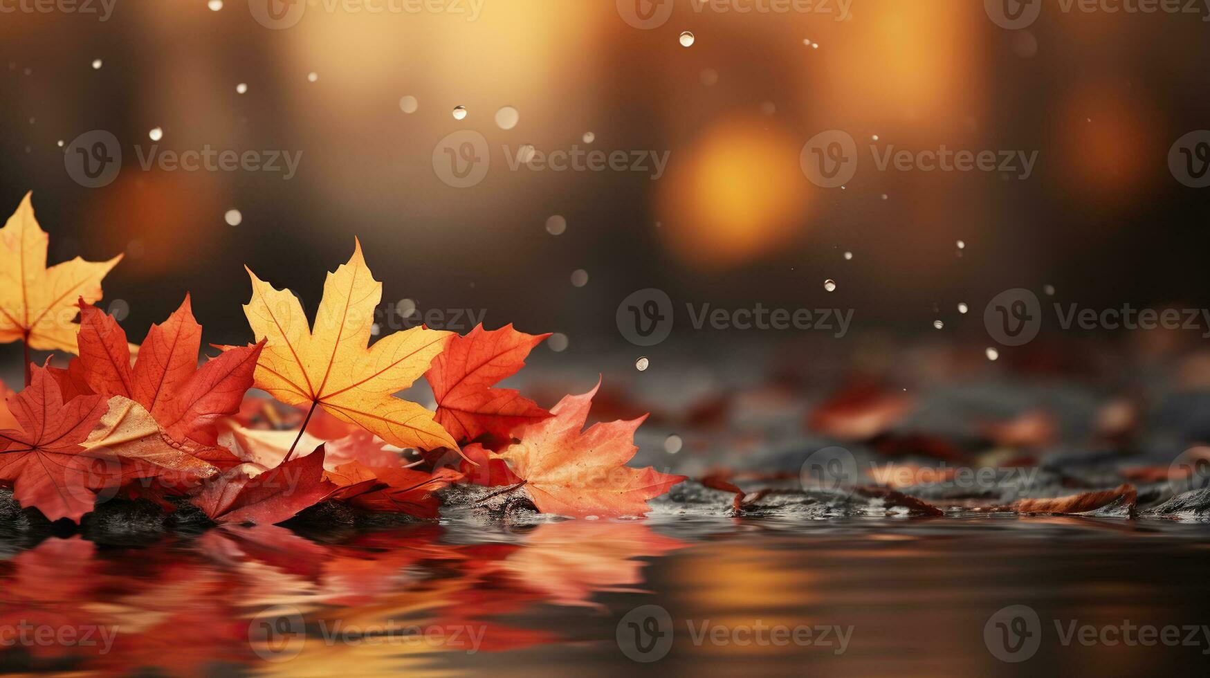 Web banner design for autumn season and end year activity with red and yellow maple leaves with soft focus light. Generative AI photo