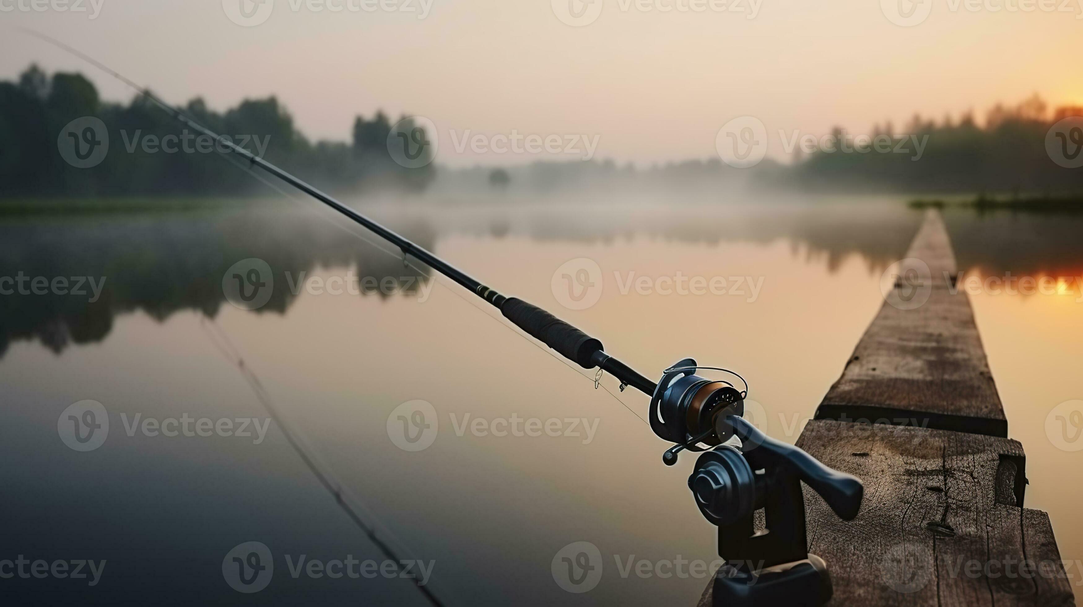 Fishing Rod, Spinning Reel on the Background Pier River Bank. Sunrise. Fog  Against the Backdrop of Lake Stock Illustration - Illustration of wooden,  lure: 286517223